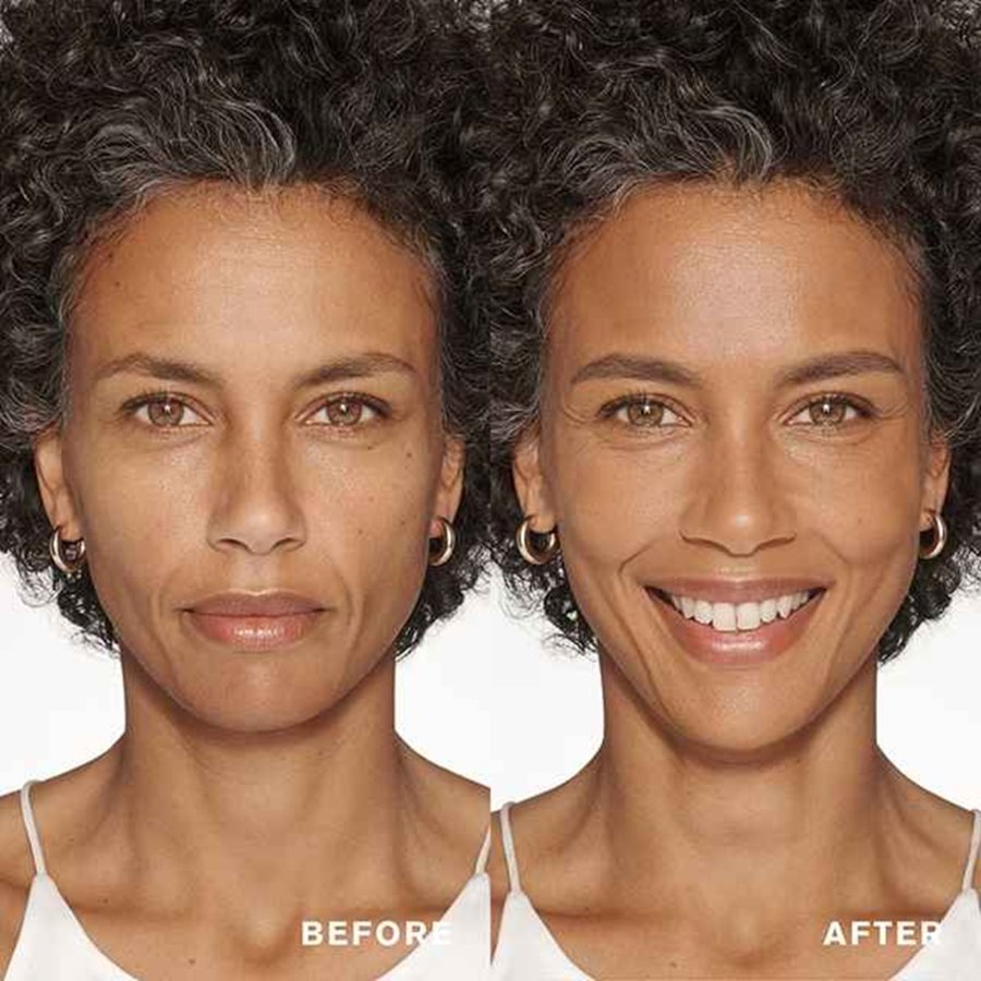 Before and after comparison of a woman with curly hair on a white background