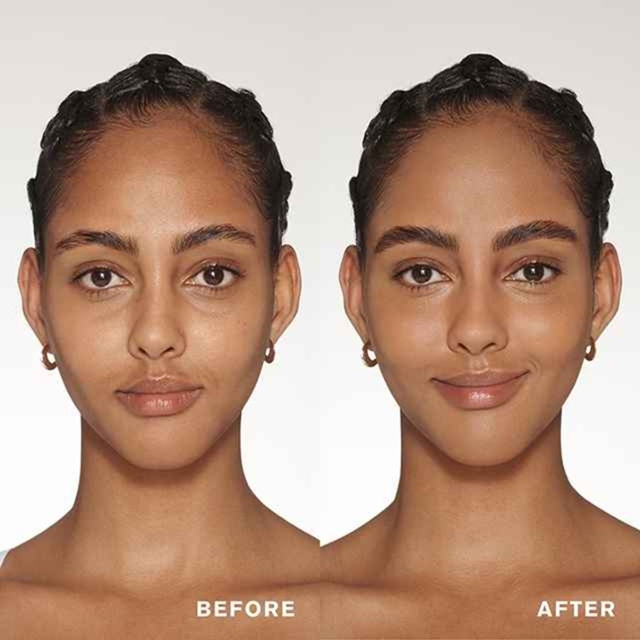 Before and after comparison of a woman's face with a neutral background