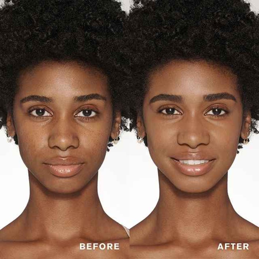 Before and after comparison of a woman's face with a neutral background