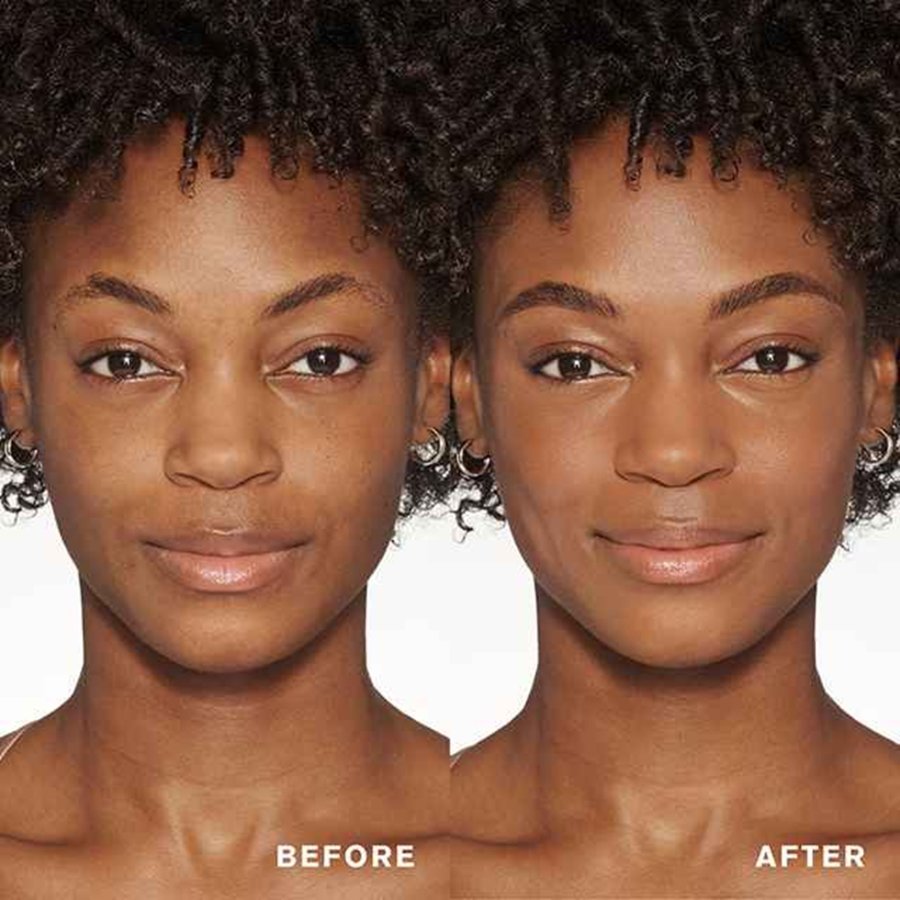 Before and after comparison of a woman's face with a neutral background