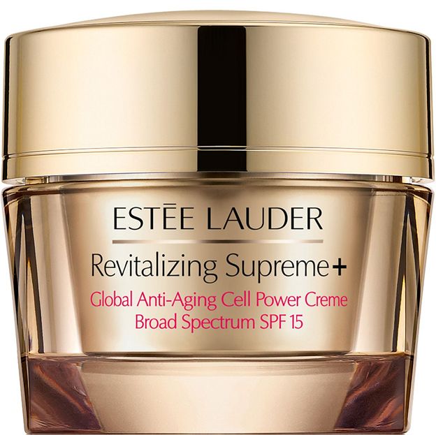 Estée Lauder Revitalizing Supreme+ cream jar with gold lid on a white background