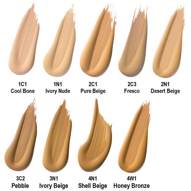 Color swatches of foundation shades with labels on a white background