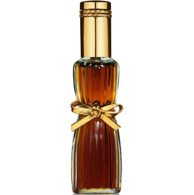 Perfume bottle with gold cap and decorative bow on a white background