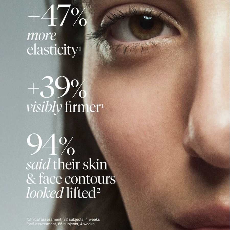 Close-up of a woman's eye and face with text claiming +47% more elasticity, +39% visibly firmer, and 94% said skin looked lifted.