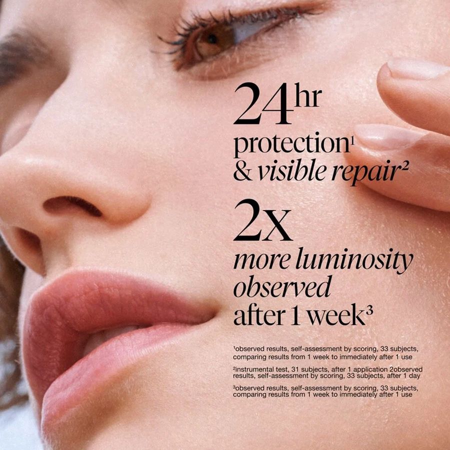 Close-up of a woman's face with text overlay reading '24hr protection & visible repair' and '2x more luminosity observed after 1 week' on a skin-toned background.