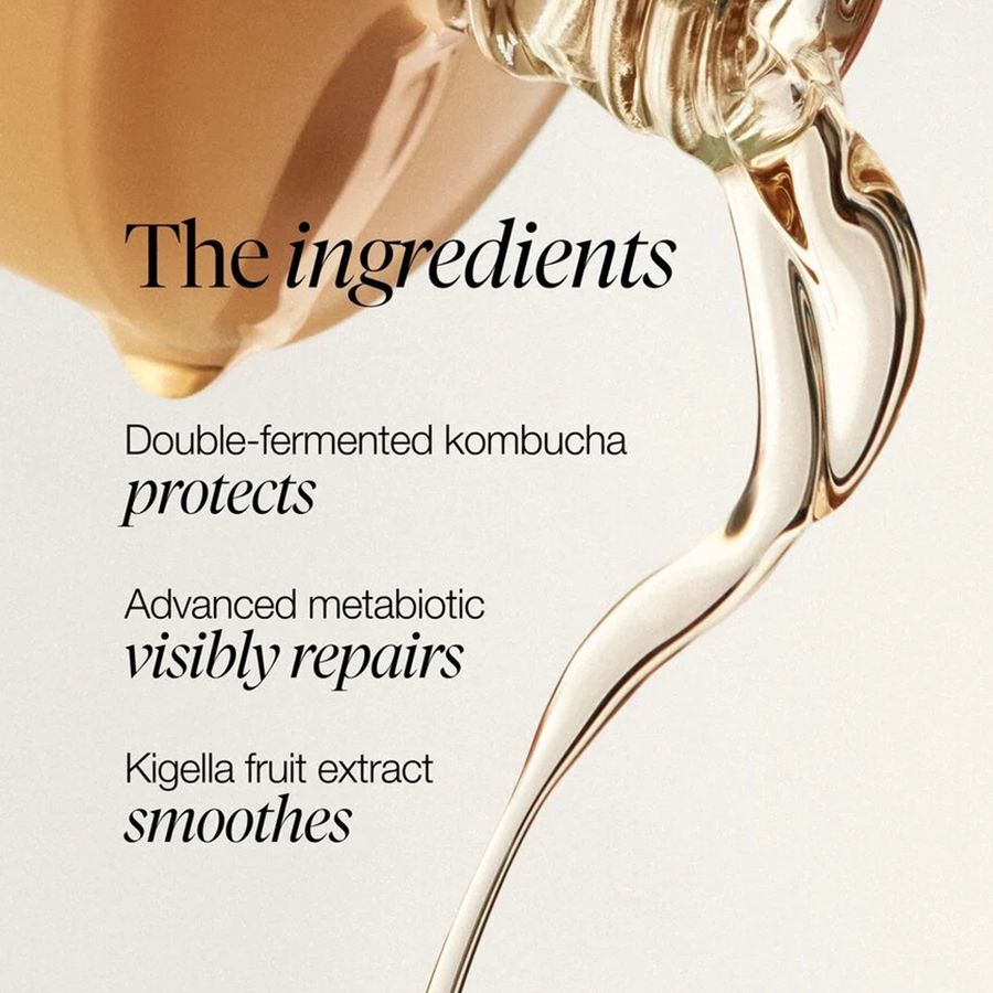 Golden liquid pouring from glass bottle. Text: "The ingredients" with listed components and their effects.