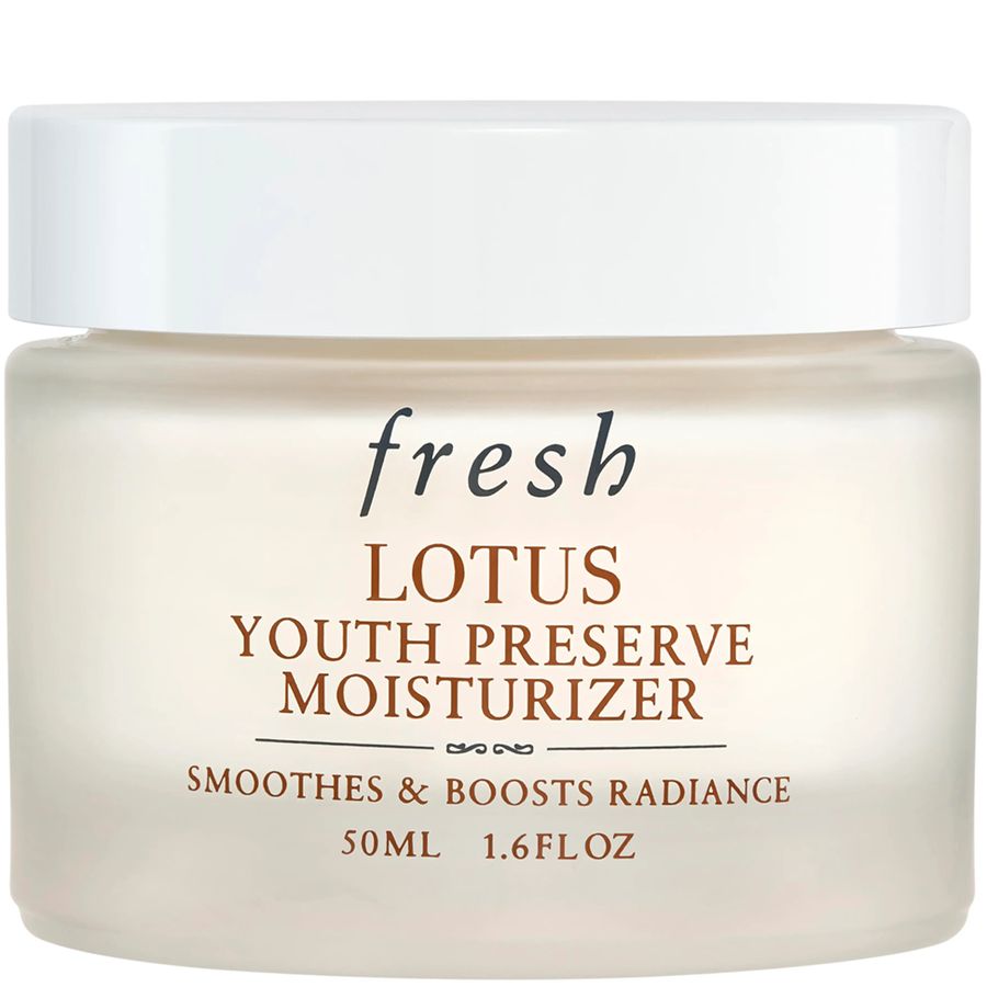 Fresh Lotus Youth Preserve Moisturizer in a frosted glass jar with a white lid, on a clean white background.