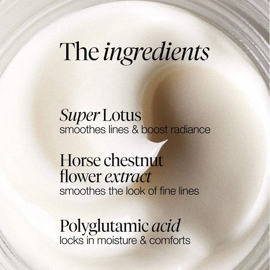 Close-up of a white cosmetic cream or balm in a clear jar, with black text reading 'The ingredients' and ingredient names including Super Lotus, horse chestnut flower extract, and polyglutamic acid.