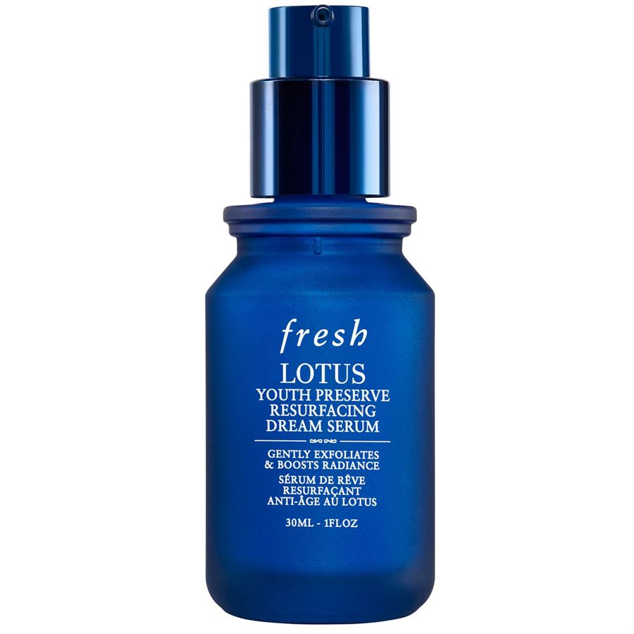 Fresh Lotus Youth Preserve Resurfacing Dream Serum in a 30ml dark blue bottle with a matching pump dispenser, shown against a plain white background.