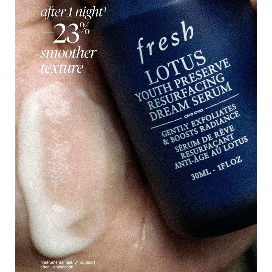 Fresh Lotus Youth Preserve Resurfacing Dream Serum in a dark blue bottle, shown next to a swatch of the white cream product on skin with promotional text overlay.
