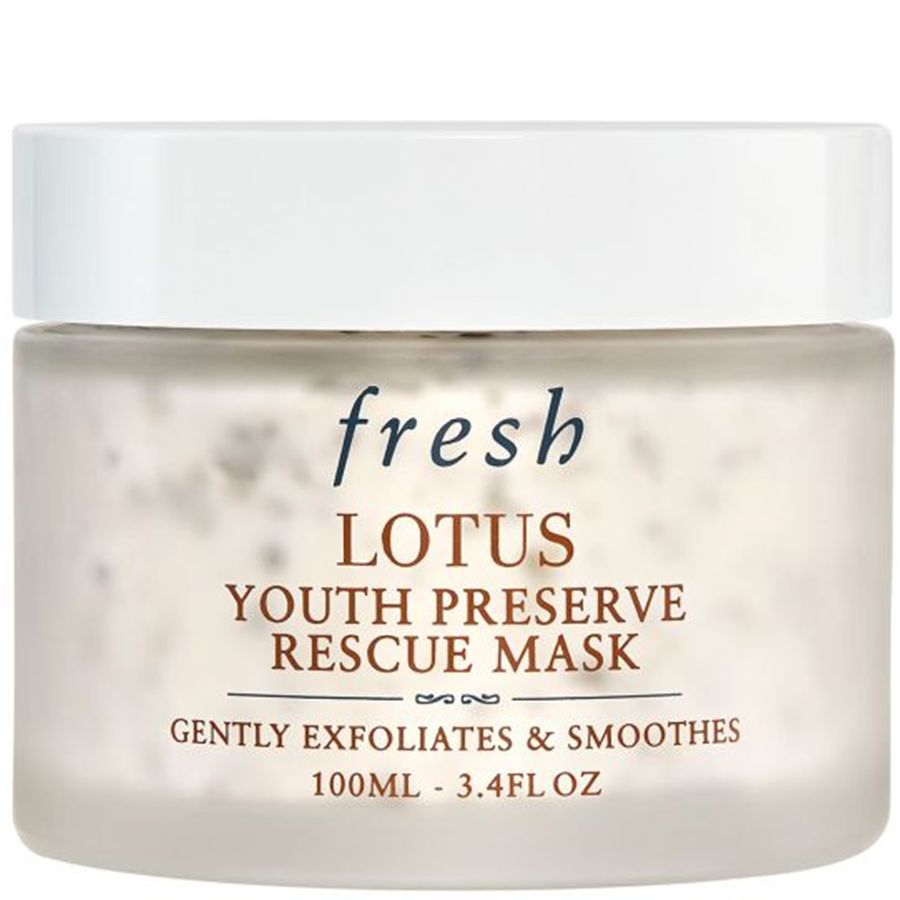 Fresh Lotus Youth Preserve Rescue Mask in a 100ml jar with a white lid and a frosted, light beige container showing the mask inside.