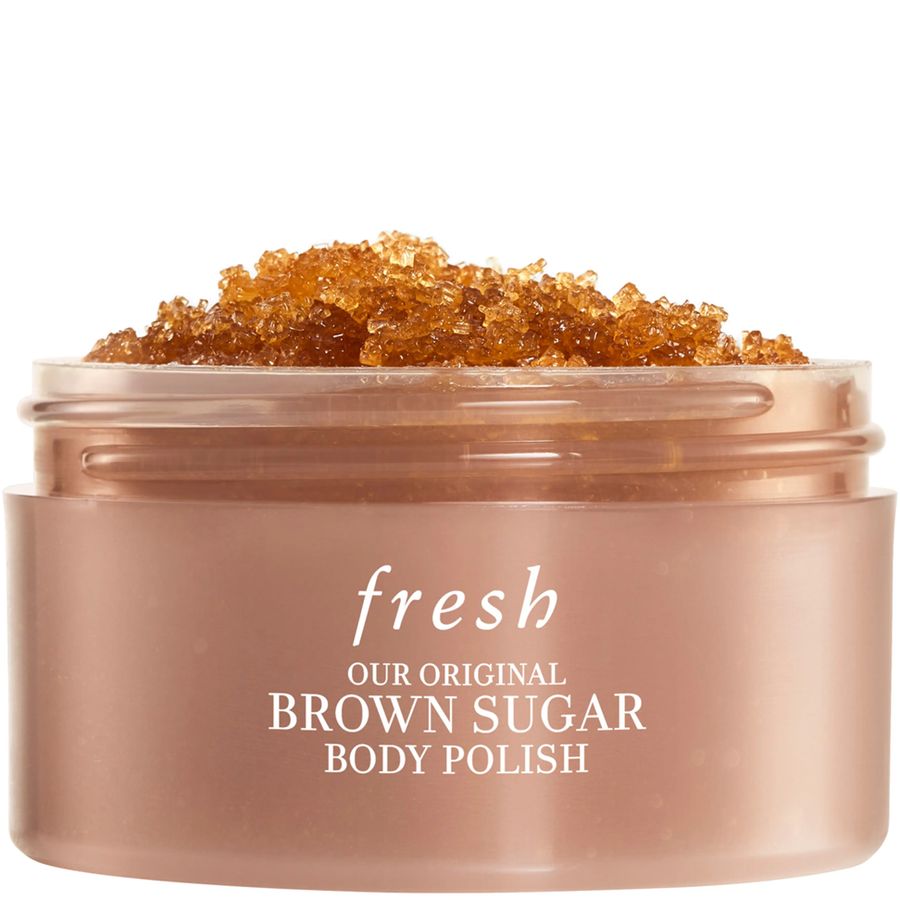 A jar of Fresh Our Original Brown Sugar Body Polish with the brown sugar scrub visible at the top, set against a plain white background.