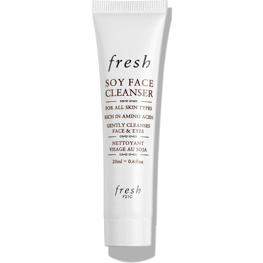 A white squeeze tube of Fresh Soy Face Cleanser with black text, shown against a plain white background.