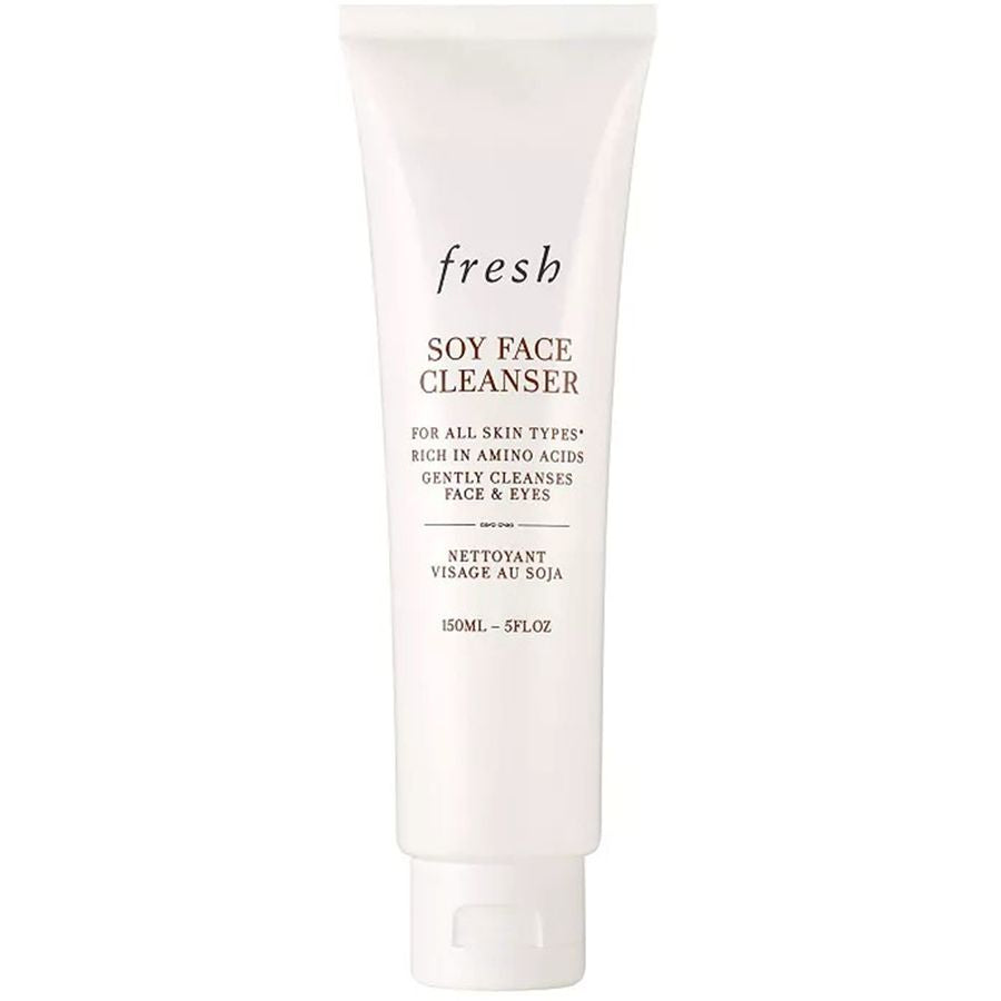 A 150ml white squeeze tube of Fresh Soy Face Cleanser, featuring black text on the front, set against a plain white background.