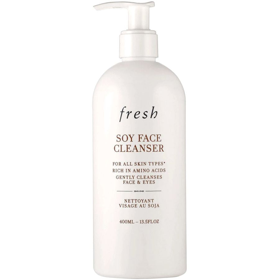 Fresh Soy Face Cleanser in a 400ml white pump bottle with black and brown text on a clean white background.