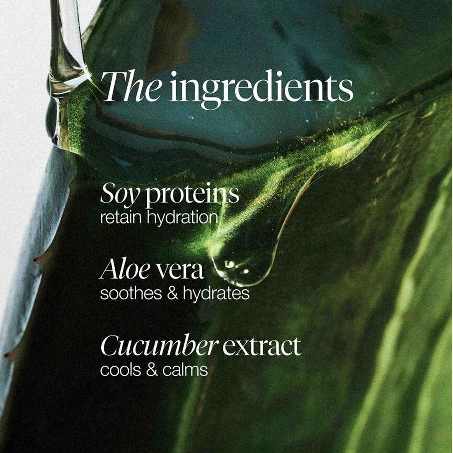 Close-up of a green leaf with text reading 'The ingredients' and 'Soy proteins retain hydration', 'Aloe vera soothes & hydrates', and 'Cucumber extract cools & calms'.