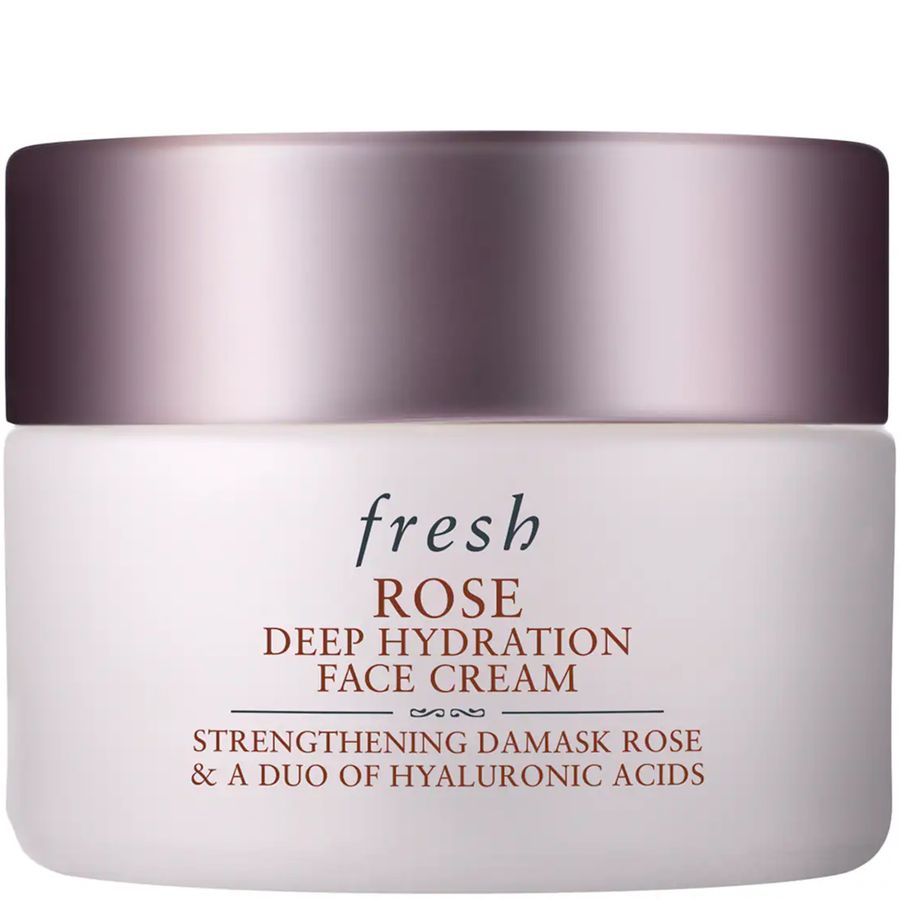 Fresh Rose Deep Hydration Face Cream jar with a white body and a metallic rose gold lid on a white background.