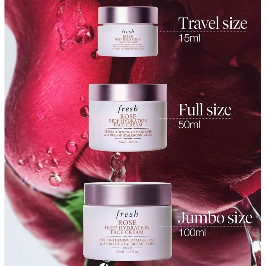 Three jars of fresh rose deep hydration face cream shown in different sizes (15ml travel size, 50ml full size, and 100ml jumbo size) against a background of water droplets on a red rose.