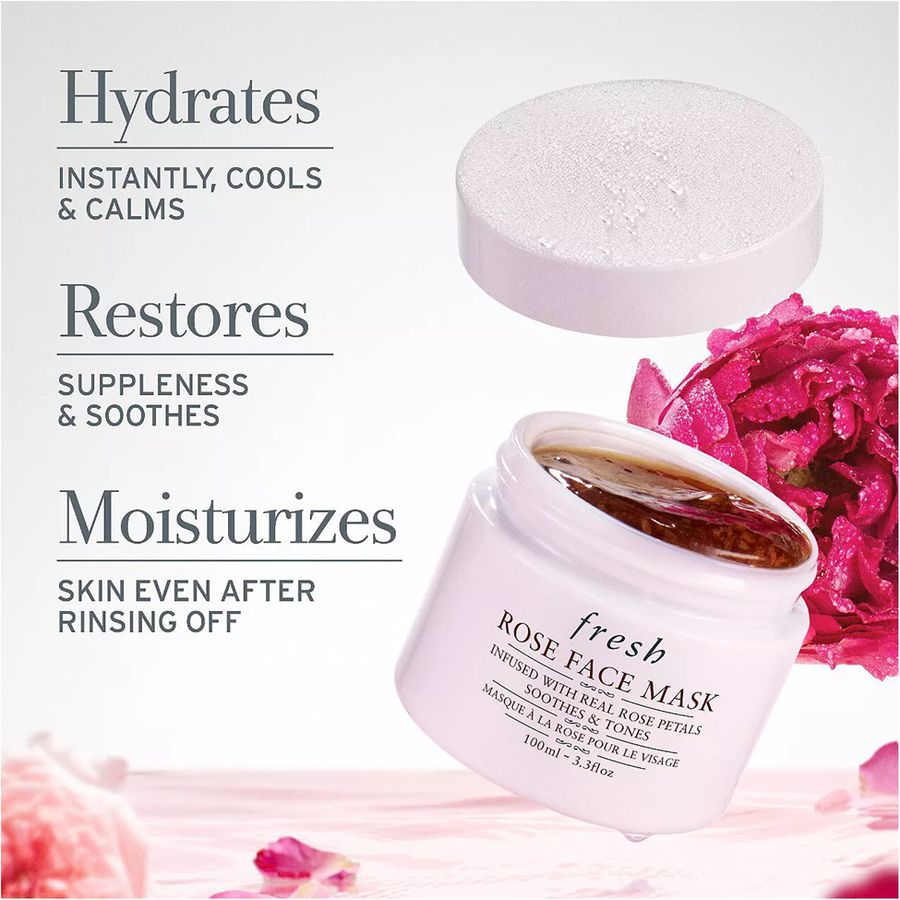 A jar of Fresh Rose Face Mask shown open with the lid floating above, alongside marketing text highlighting hydration, restoration, and moisturization. Pink rose petals decorate the background.
