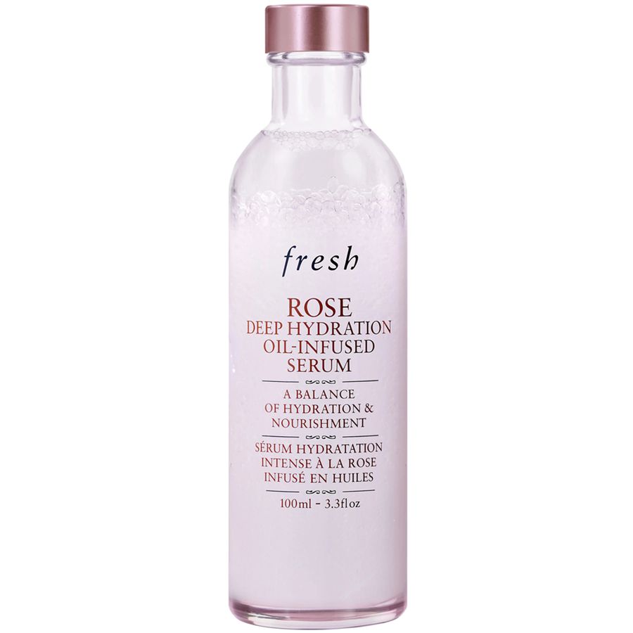 Fresh Rose Deep Hydration Oil-Infused Serum in a clear glass bottle with a metallic rose gold cap, shown against a plain white background.
