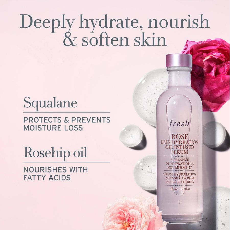 Fresh Rose Deep Hydration Oil-Infused Serum bottle on a soft pink background with decorative rose petals, bubbles, and text highlighting key ingredients and benefits.