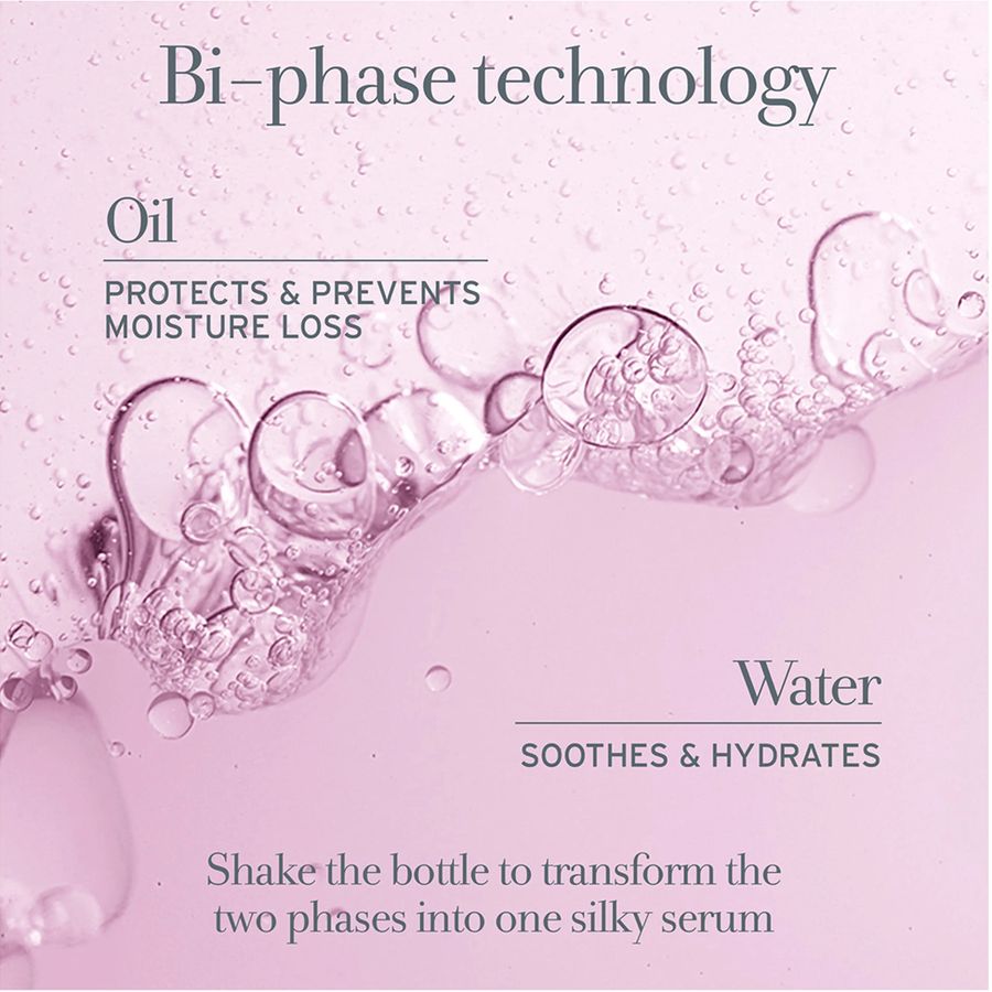 Bi-phase skincare serum bottle with oil and water layers. Text explains: Oil protects, Water soothes. Shake to mix. Pink background.