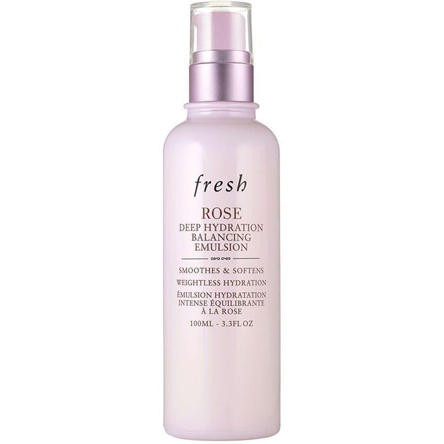 Fresh Rose Deep Hydration Balancing Emulsion in a pale pink bottle with a metallic lavender pump dispenser, shown against a plain white background.