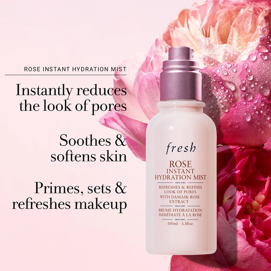 Fresh Rose Instant Hydration Mist bottle on a pink background with large pink flowers and text describing skin benefits.