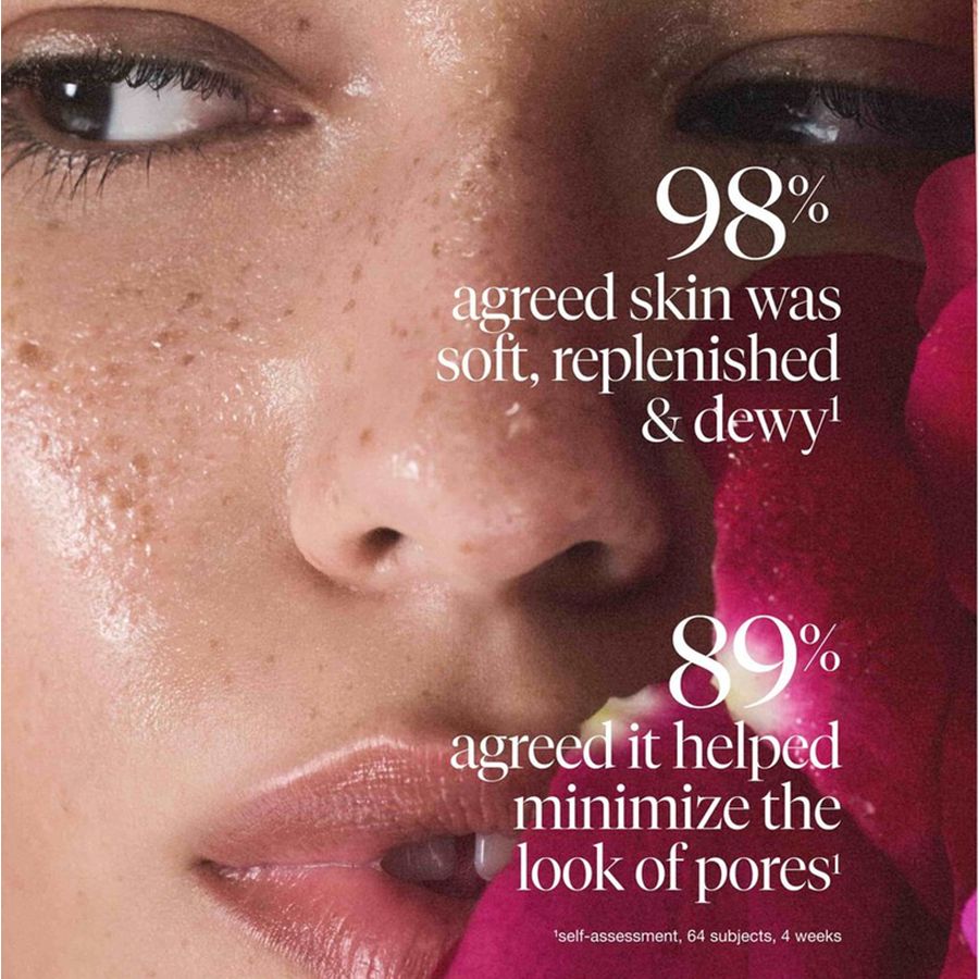 Close-up of a woman's face with text stating “98% agreed skin was soft, replenished & dewy” and “89% agreed it helped minimize the look of pores.”