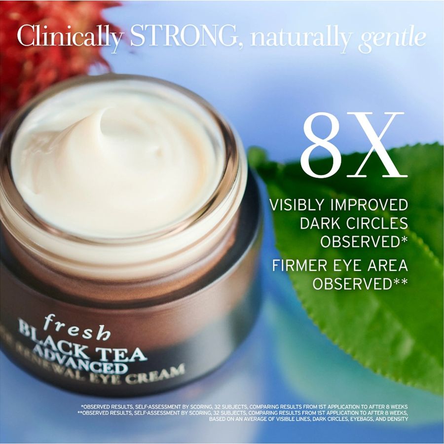 Jar of fresh Black Tea Advanced Renewal Eye Cream with text highlighting benefits on a blue and green background.
