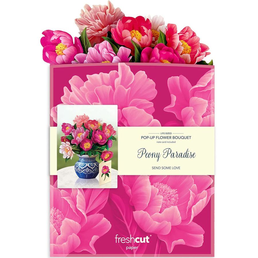 Pop-up flower bouquet packaging with pink flowers and 'freshcut' branding.