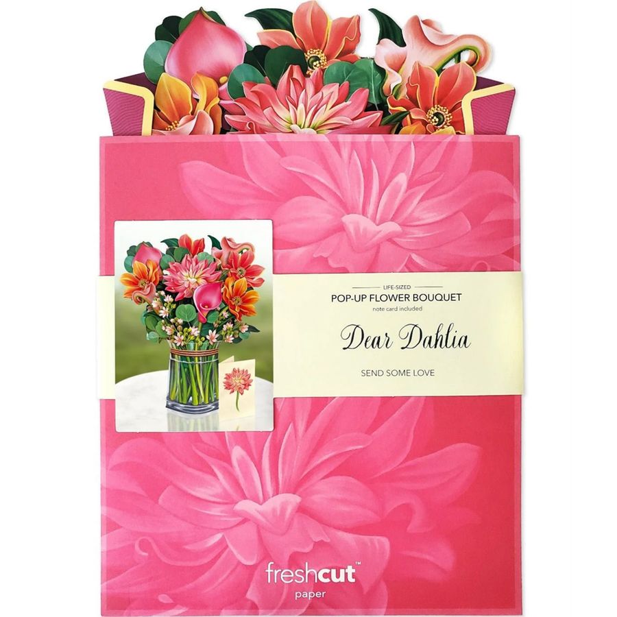 Pop-up flower bouquet packaging with pink floral design and 'freshcut' branding.