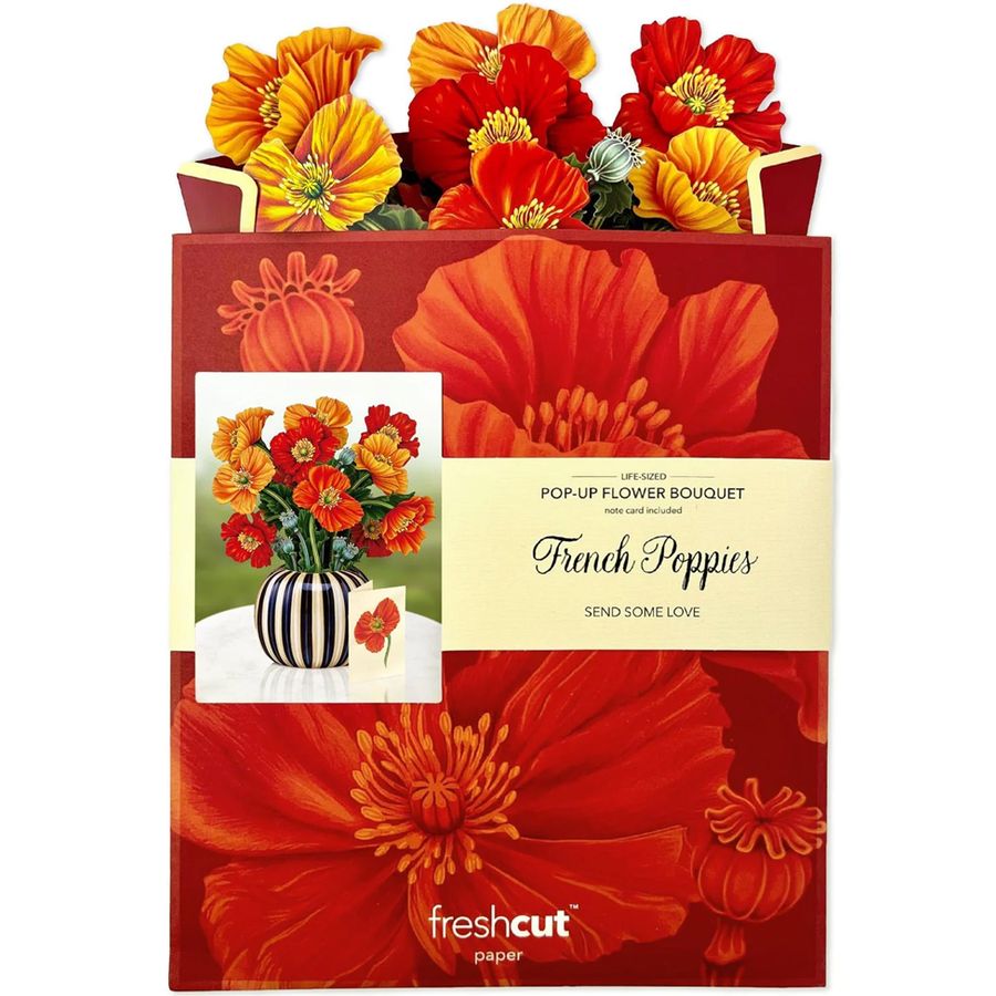 Pop-up flower bouquet packaging with french poppies blossom design on a red ffloral background