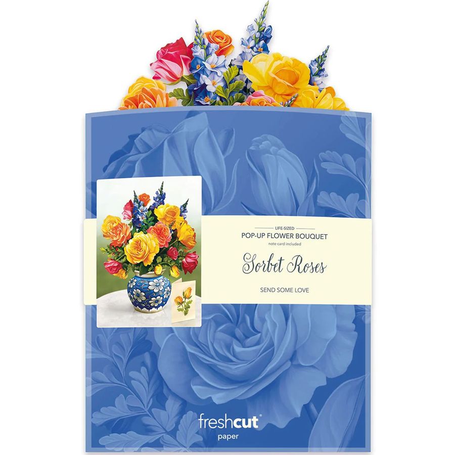 Pop-up flower bouquet packaging with colorful flowers and blue floral design on a white background
