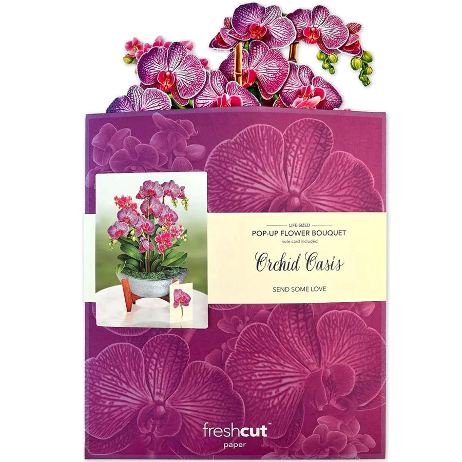 Pop-up flower bouquet packaging with orchid design on a white background