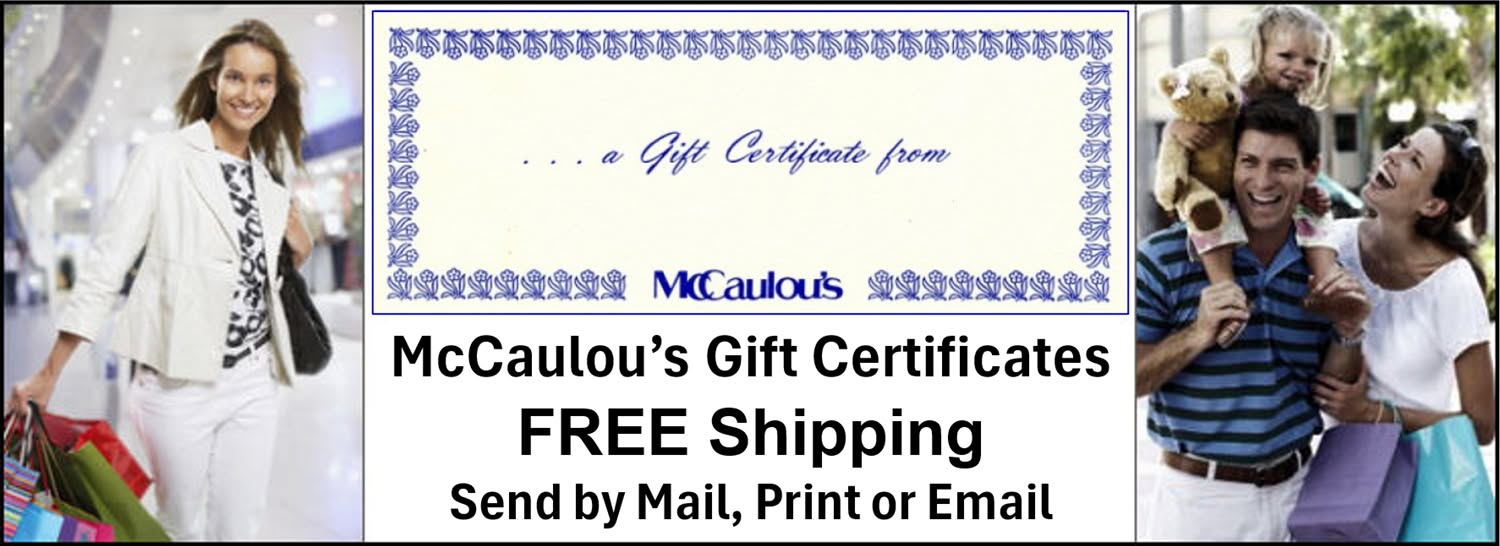 Advertisement for McCaulou's gift certificates with a woman, family, and promotional text.