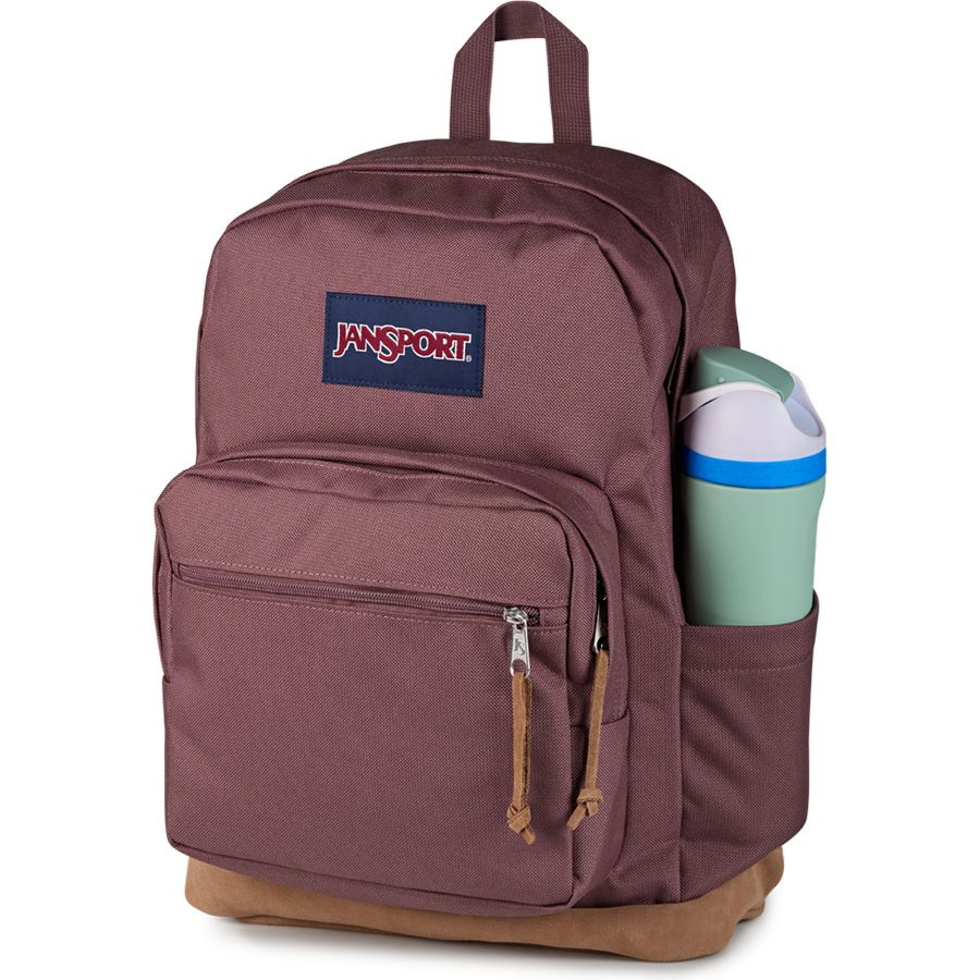 A Jansport backpack in a dusty plum-brown color, featuring a front zippered pocket with brown zipper pulls and a side pocket holding a mint green and white water bottle. The Jansport logo patch is visible on the front.