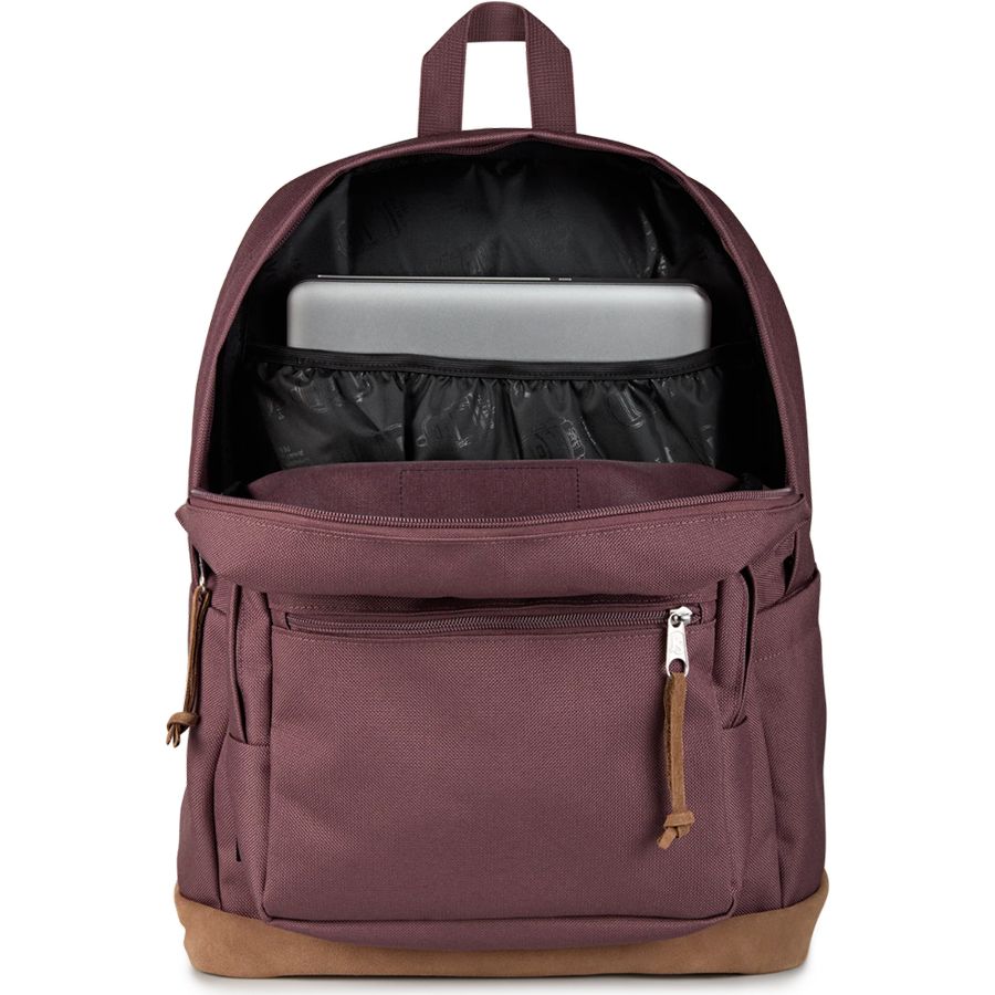 A maroon backpack shown open, with a laptop placed inside the main compartment. The backpack has a front zip pocket, side pockets, a top handle, and a brown base, photographed on a plain white background.