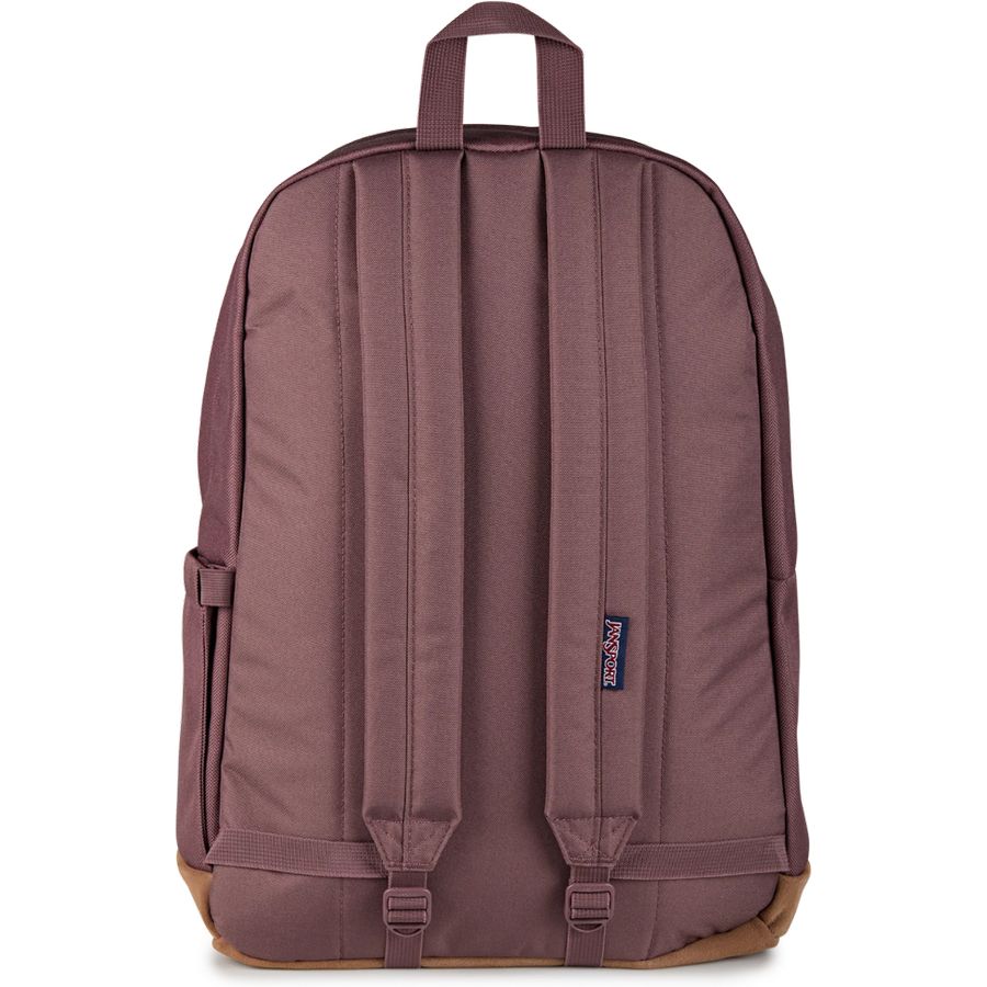 The back view of a Patagonia backpack in a muted dusty plum-brown color, featuring padded shoulder straps, a top carry handle, side pockets, and brown rubberized base padding, set against a plain white background.