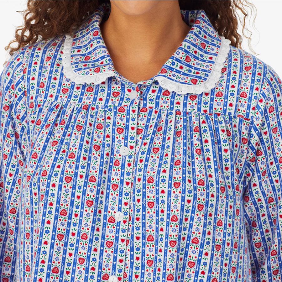 Blue and white striped nightgown with red strawberries, blue flowers, and a white lace collar.