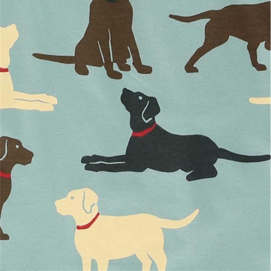 A repeating pattern of stylized dog silhouettes in black, brown, cream, and tan, each wearing a red collar on a light blue background.