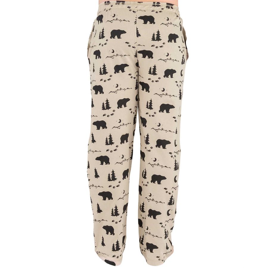 A pair of beige lounge pants with an all-over black bear, tree, moon, and star print, shown on a white background.