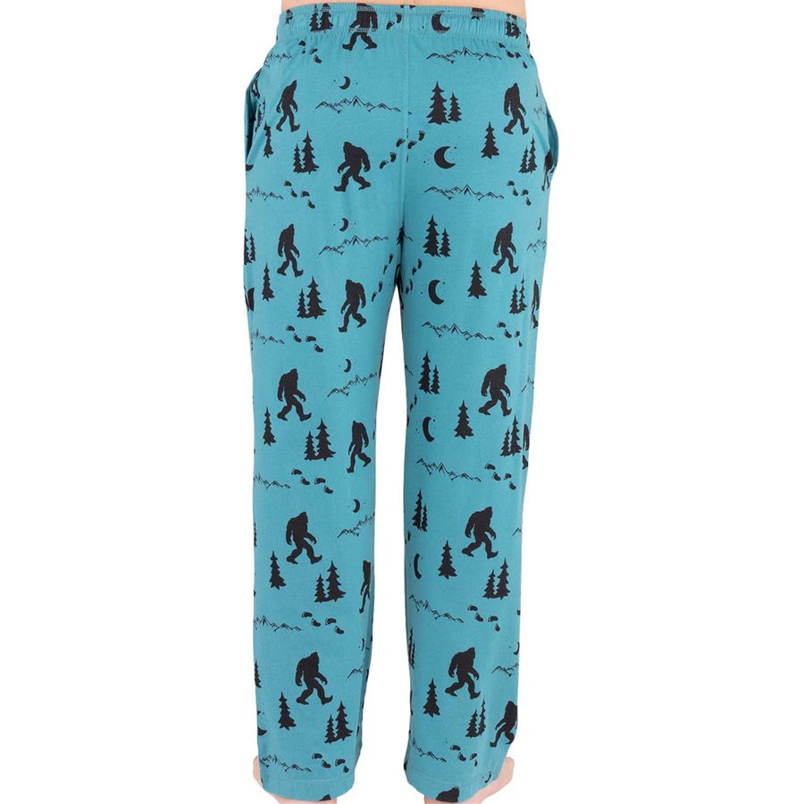 Teal pajama pants with black Bigfoot, trees, and moon patterns. Elastic waistband.