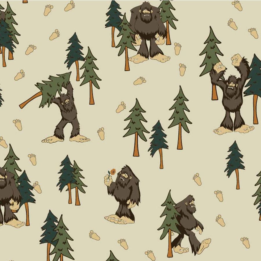 A repeating pattern featuring cartoonish dark brown and black bigfoot figures, green pine trees, and small beige footprints on a light beige background.