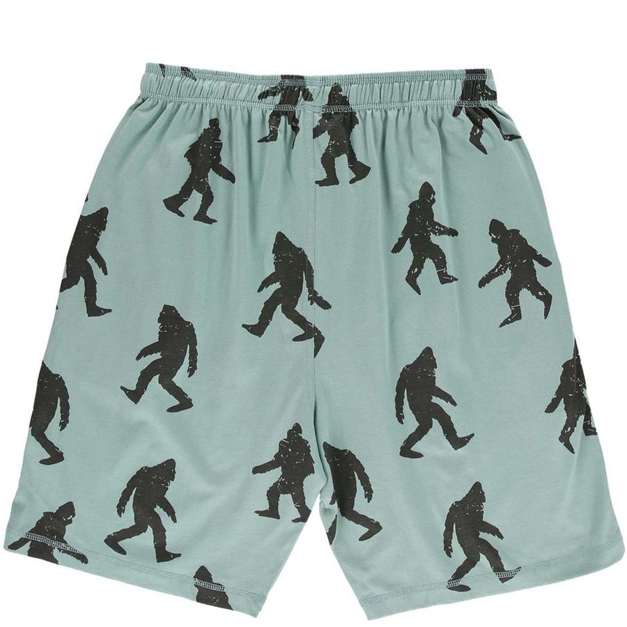 Light blue-green athletic shorts featuring an all-over black silhouette print of Bigfoot, shown flat against a white background.