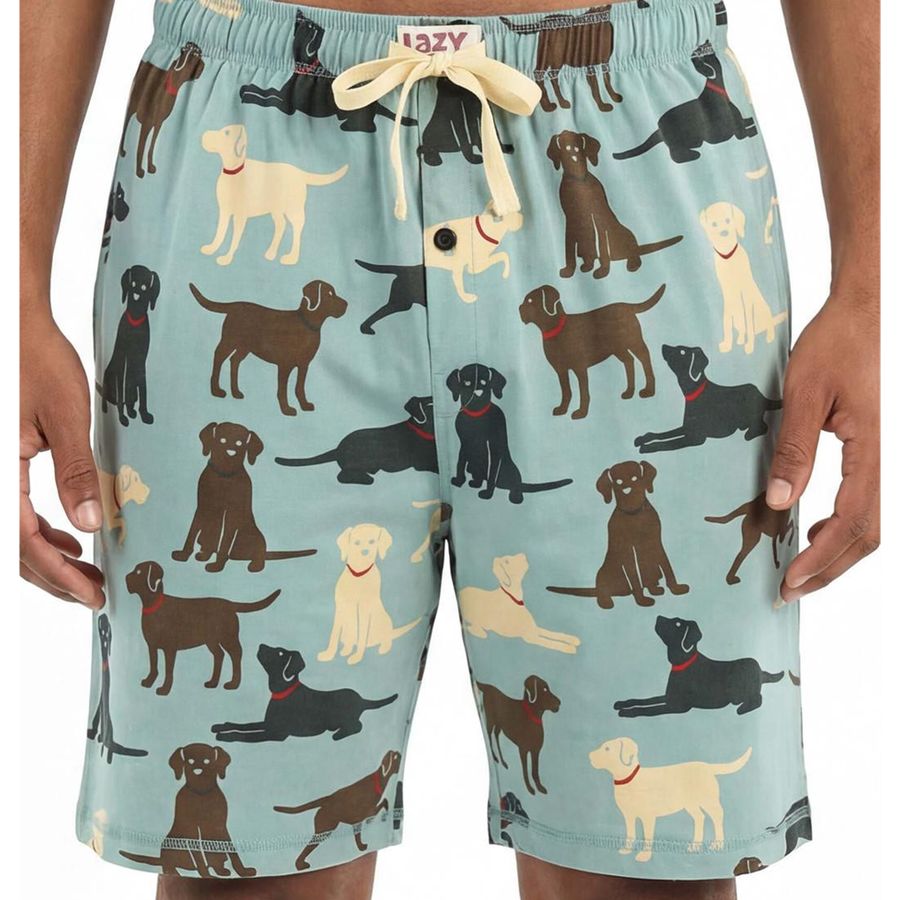 A person wearing light blue swim shorts covered in a playful print of cartoon Labrador dogs in black, brown, and cream. The shorts have an elastic waistband with a cream drawstring bow.