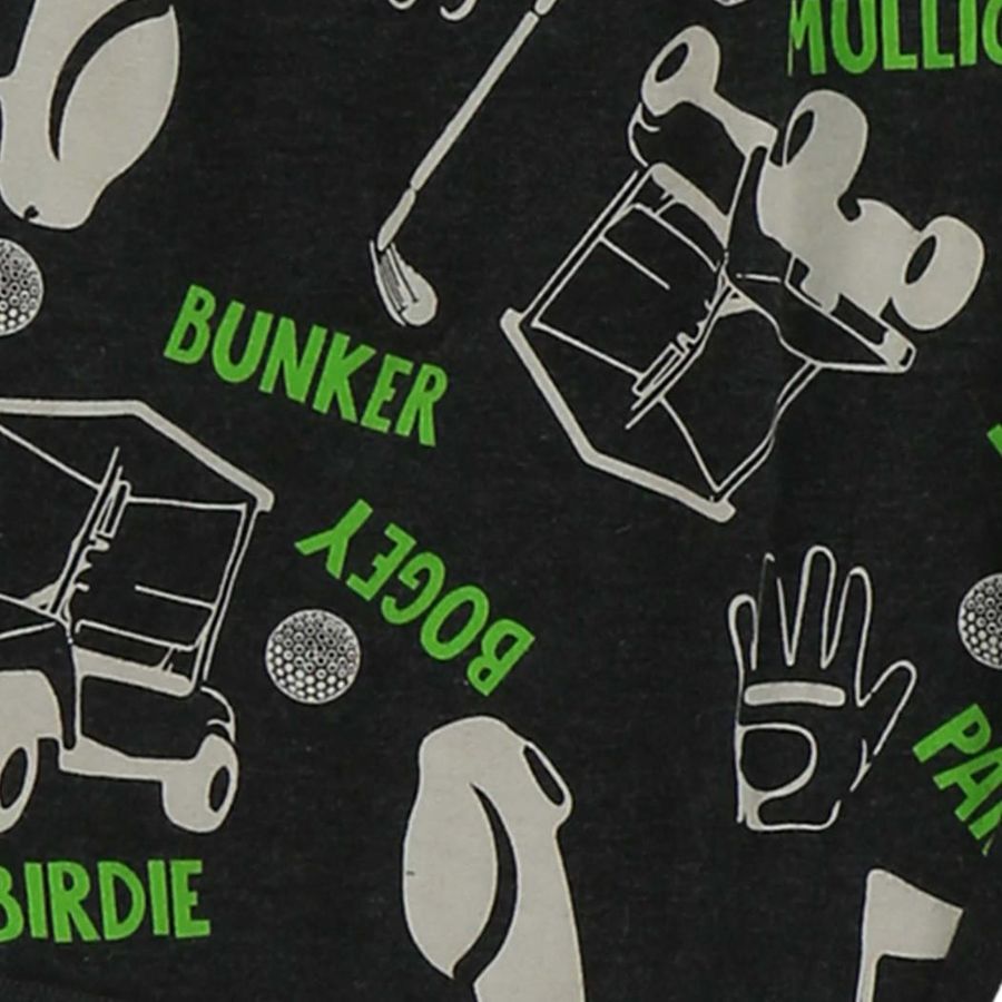 Close-up of a black fabric with a repeating golf-themed print featuring white line drawings of clubs, a cart, glove, ball, and text including 'BUNKER', 'BOGEE', and 'MULLIGAN'.