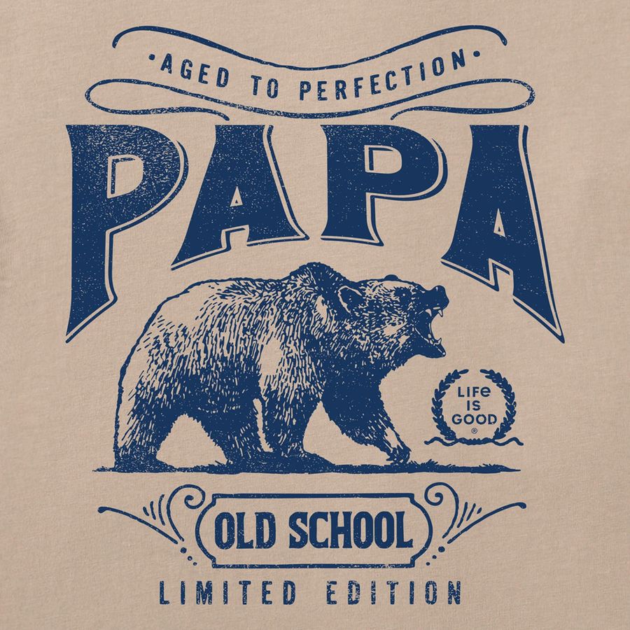 Beige background with blue bear graphic and text 'PAPA Aged to Perfection Old School Limited Edition' on a t-shirt.