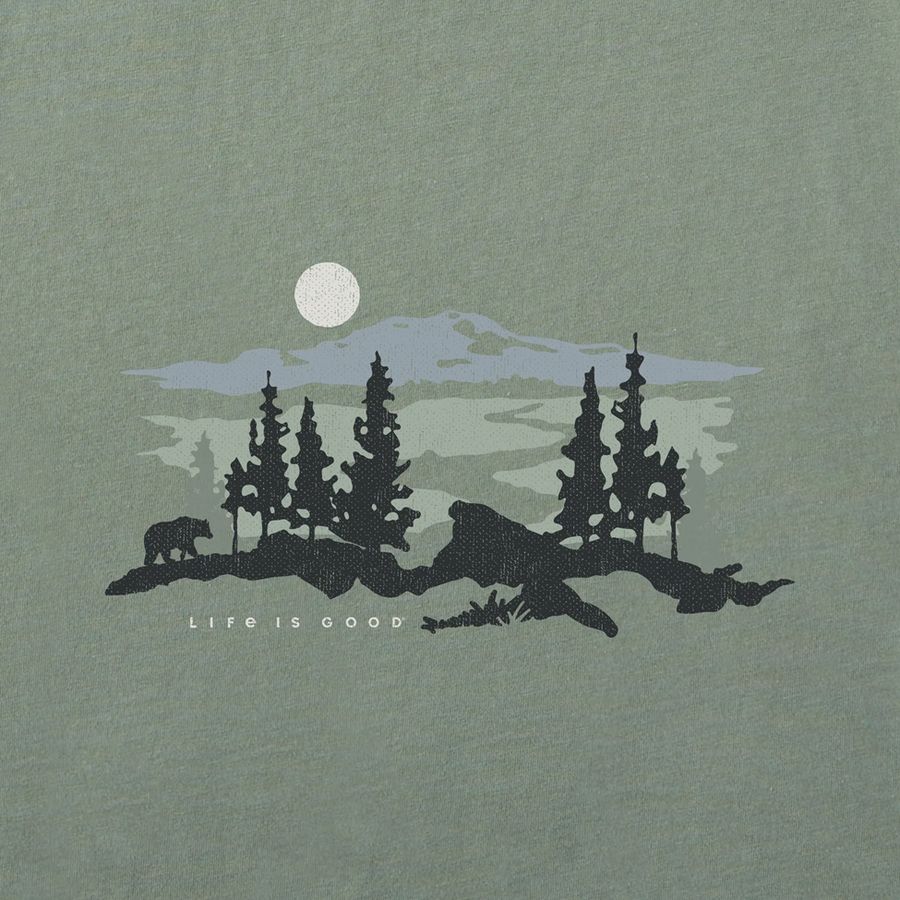 Silhouette of bears and trees with a moon and mountains on a green background, featuring 'Life is Good' text.