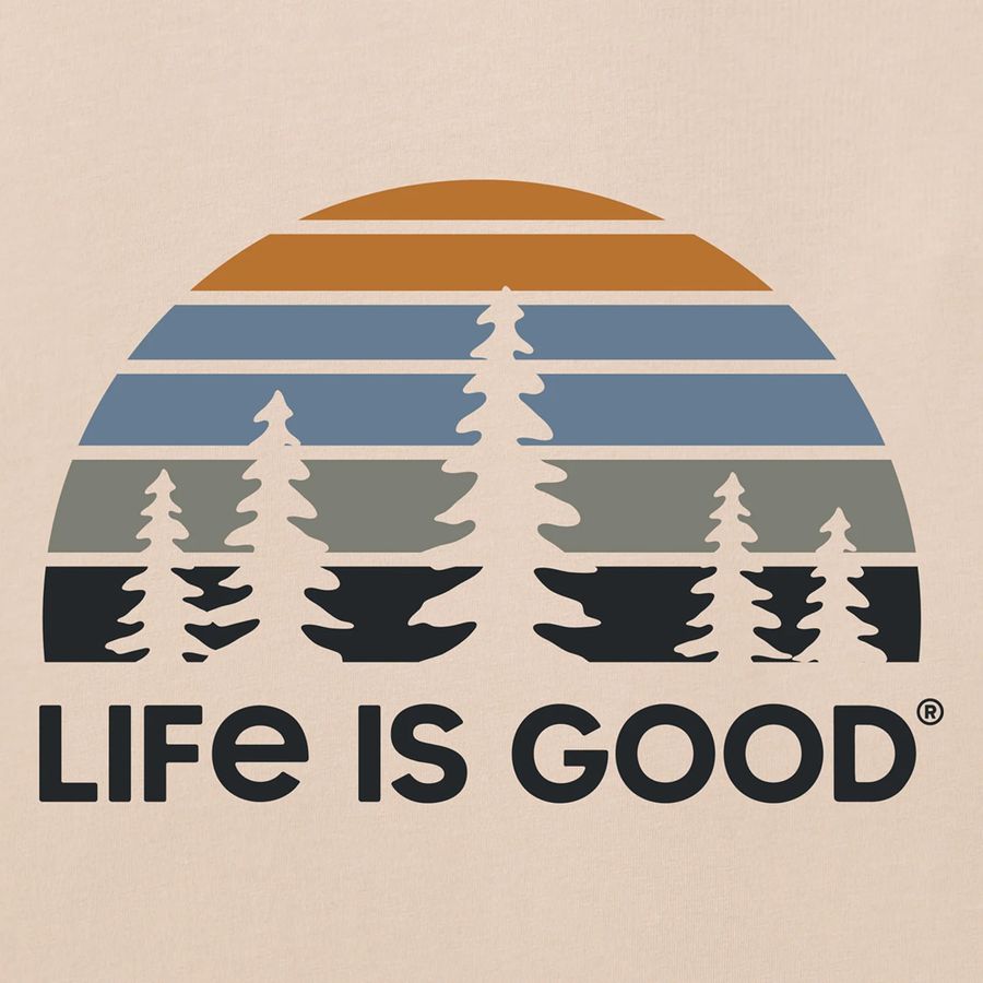 Life Is Good logo with trees and sunset design on a beige background